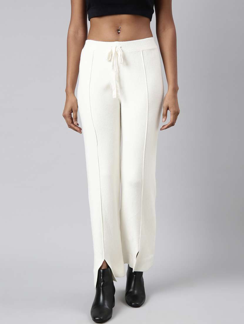 cream acrylic flat front trousers