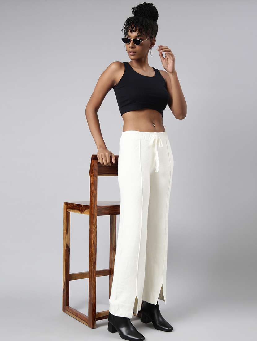 cream acrylic flat front trousers - 20929181 -  Standard Image - 3