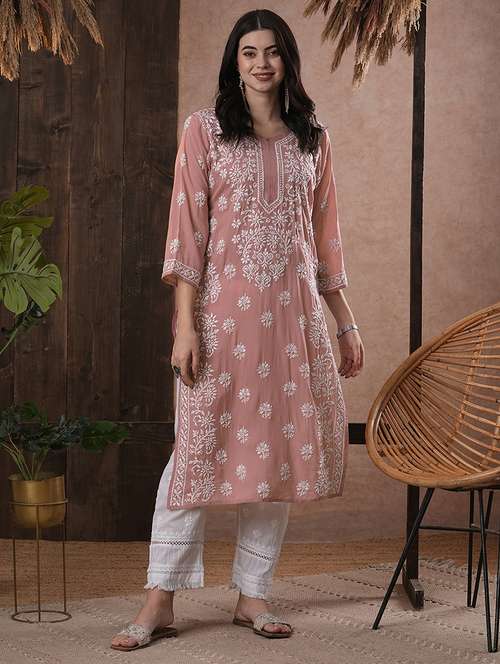 notch neck chikankari work straight kurta - 20929359 - Standard Image - 0