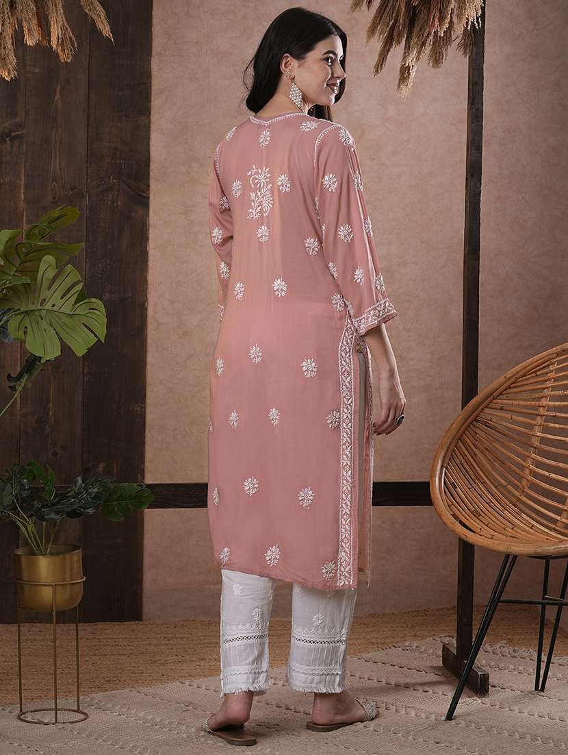 notch neck chikankari work straight kurta - 20929359 - Standard Image - 3