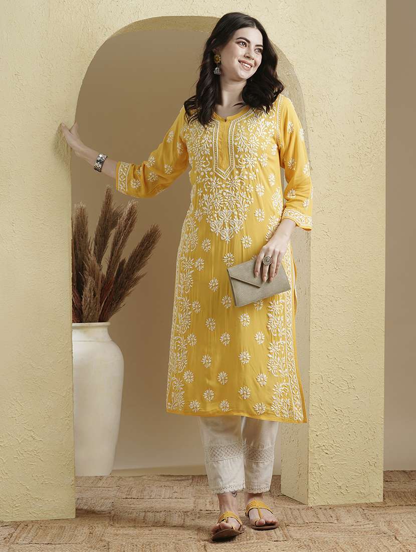 notch neck chikankari work straight kurta - 20929361 -  Zoom Image - 0