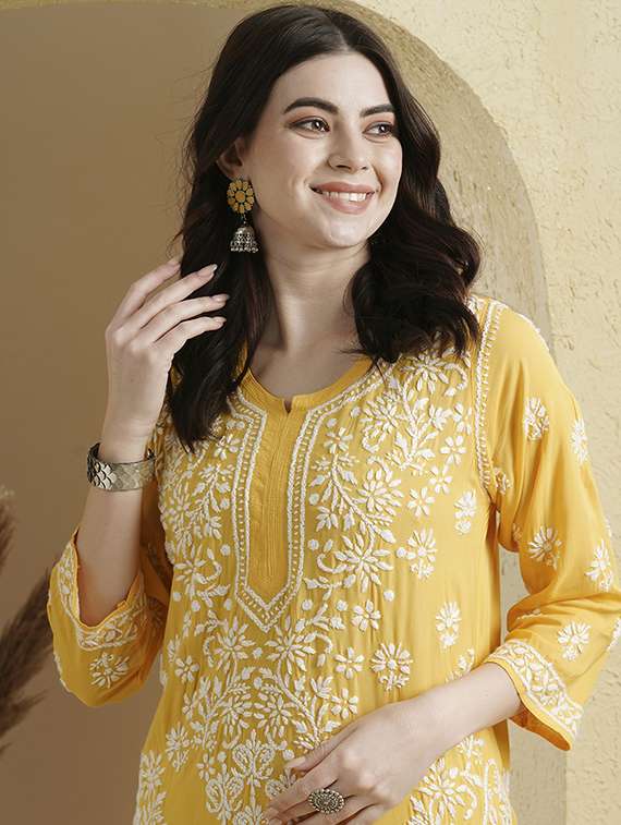 notch neck chikankari work straight kurta - 20929361 - Standard Image - 3