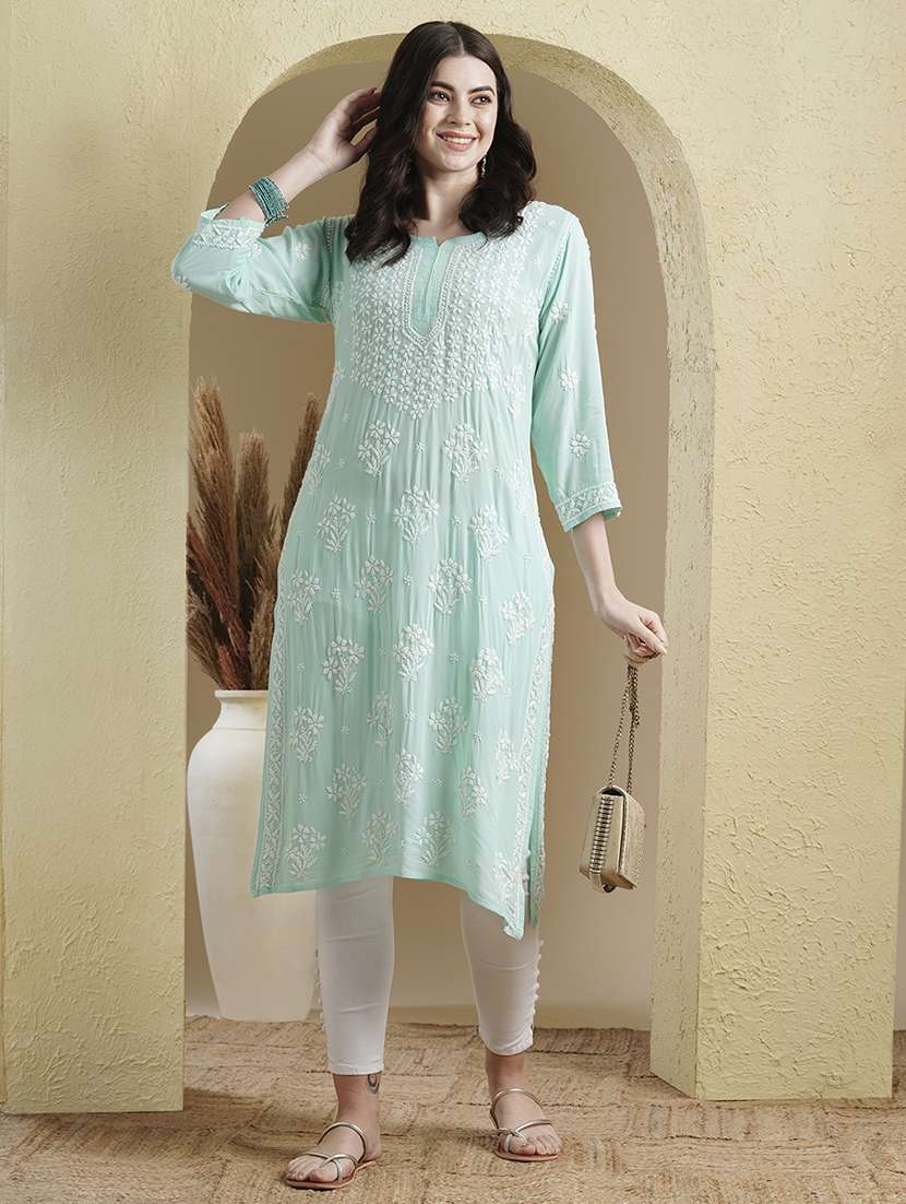notch neck chikankari work straight kurta - 20929364 -  Zoom Image - 0