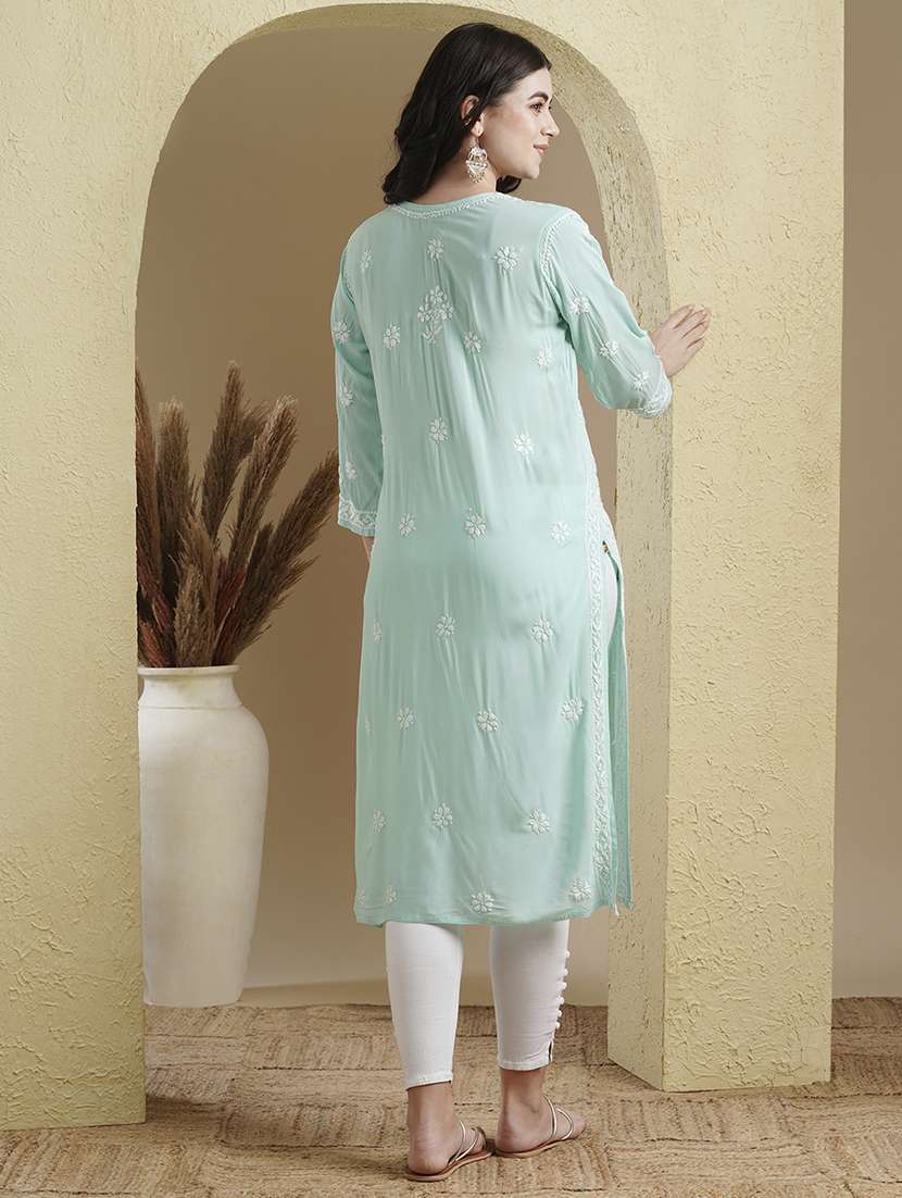 notch neck chikankari work straight kurta - 20929364 - Standard Image - 3