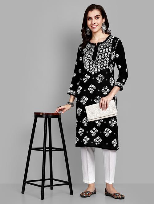 notch neck chikankari work straight kurta - 20929366 -  Standard Image - 0