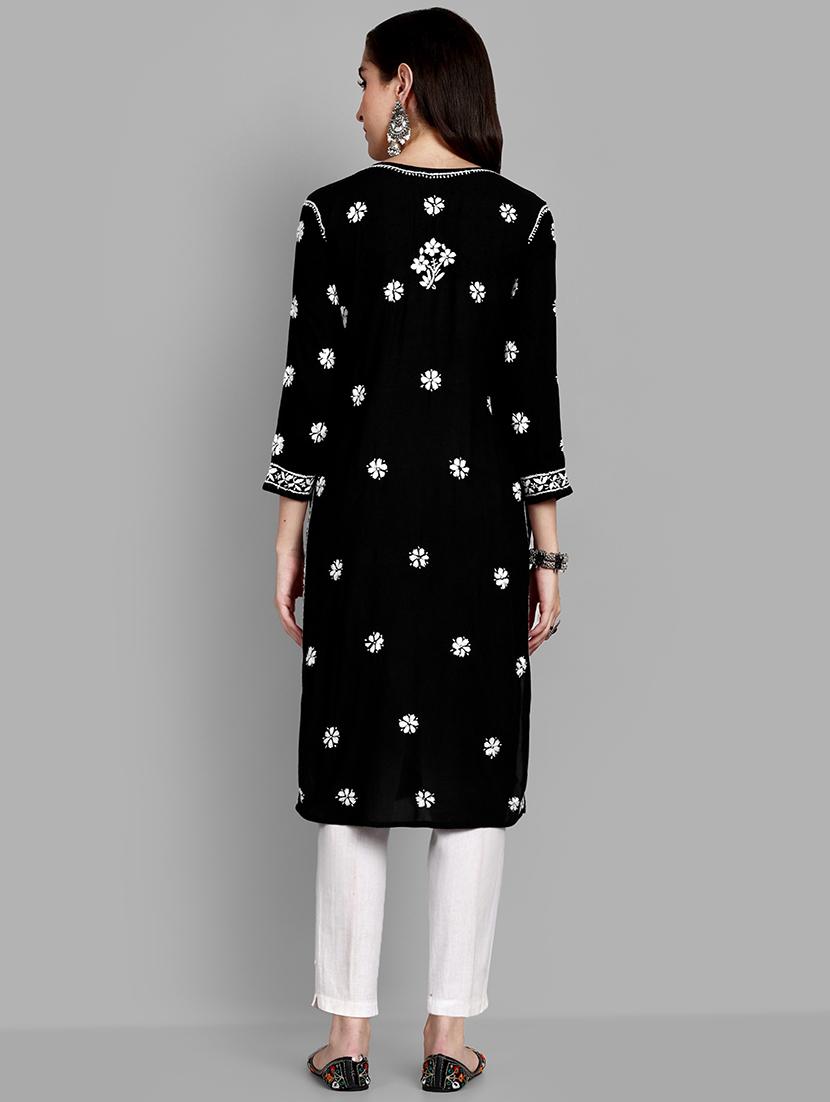 notch neck chikankari work straight kurta - 20929366 -  Standard Image - 3