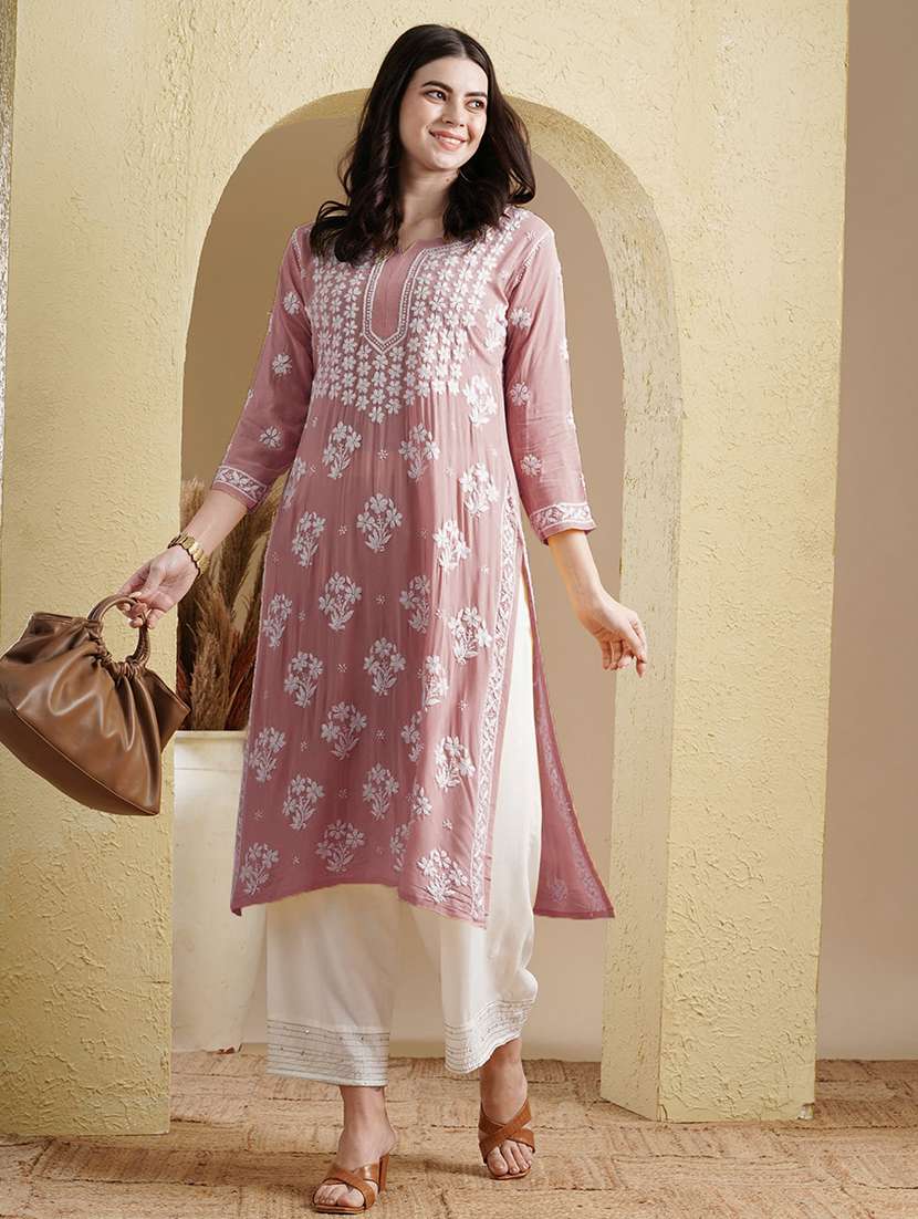 notch neck chikankari work straight kurta - 20929368 - Zoom Image - 0