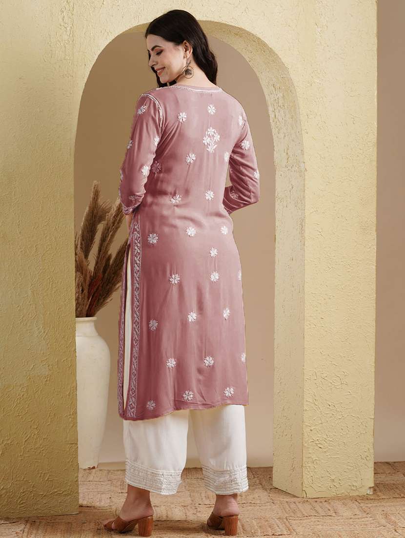 notch neck chikankari work straight kurta - 20929368 - Standard Image - 3