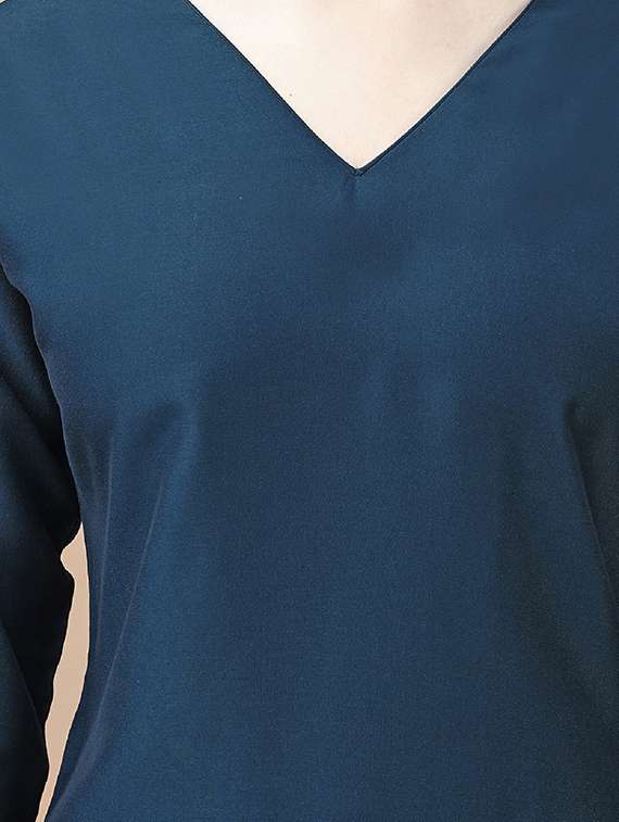 women teal solid v neck kurta pant set - 20929887 -  Standard Image - 5