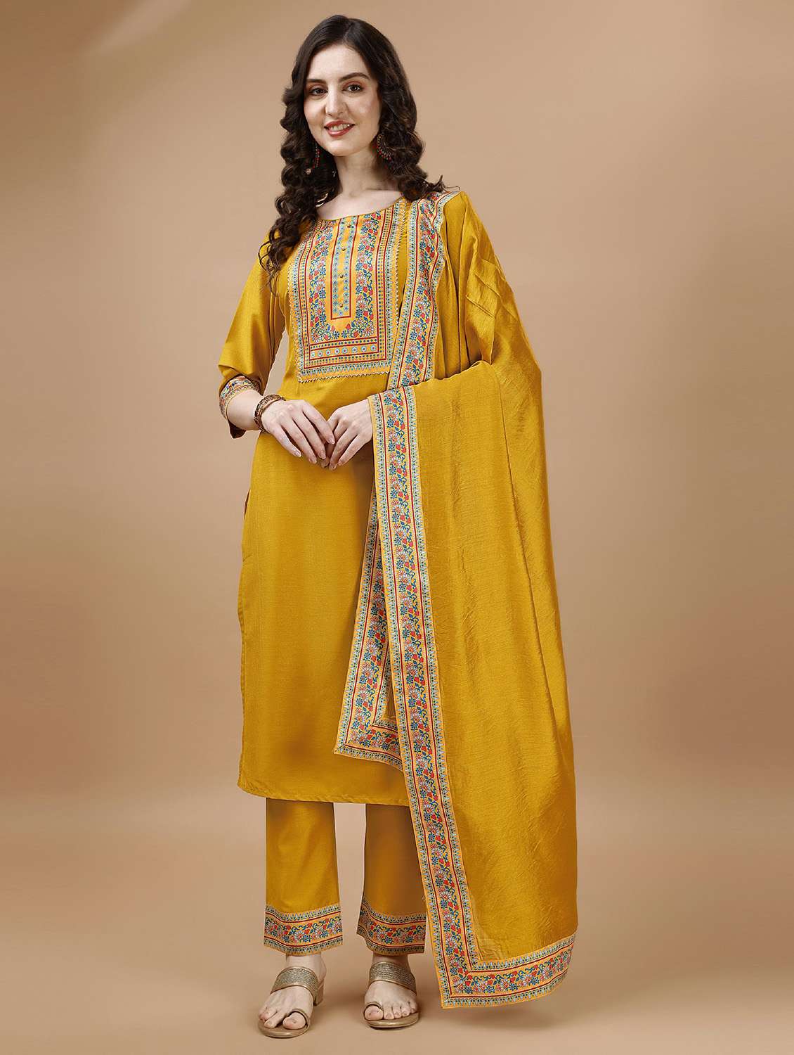 women placement print kurta pant set with dupatta