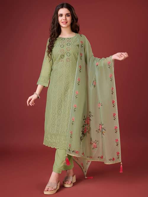 women round neck kurta pant set with dupatta set - 20929900 - Standard Image - 0