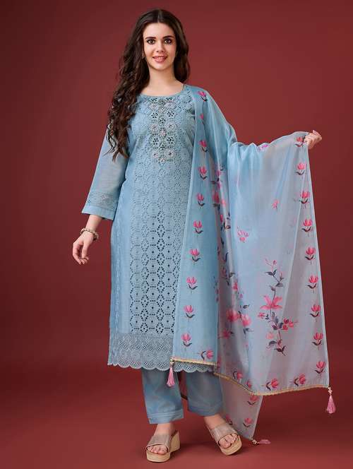 women light blue round neck kurta pant set with dupatta set - 20929903 - Standard Image - 0