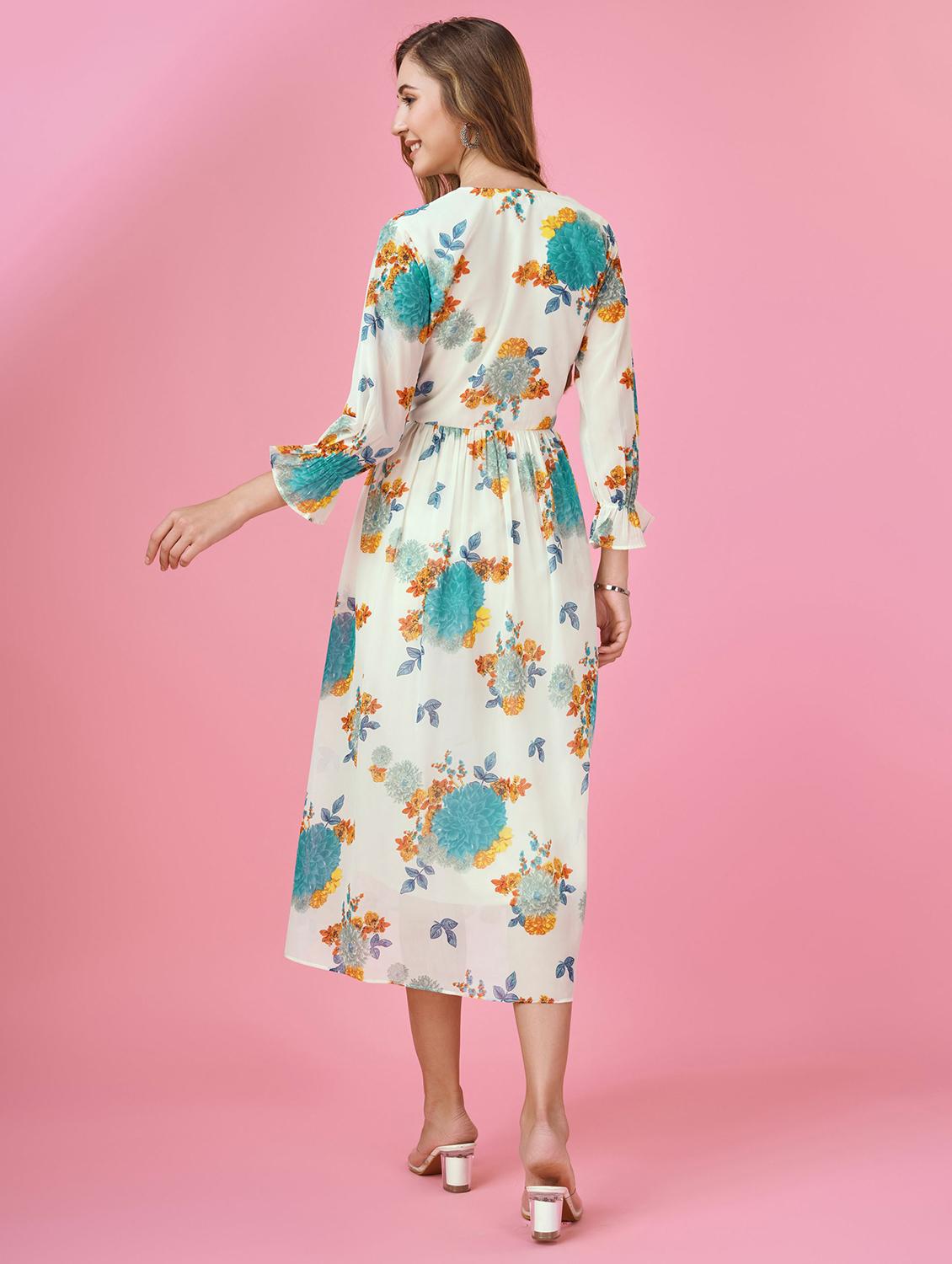 women white florals printed fit & flare dress - 20929919 - Standard Image - 3