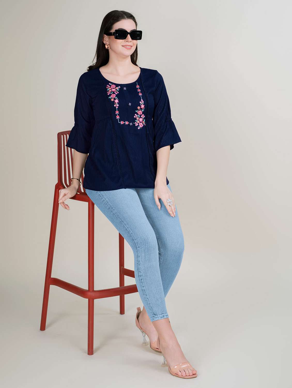 women navy blue round neck a-line top - 20929935 -  Standard Image - 3