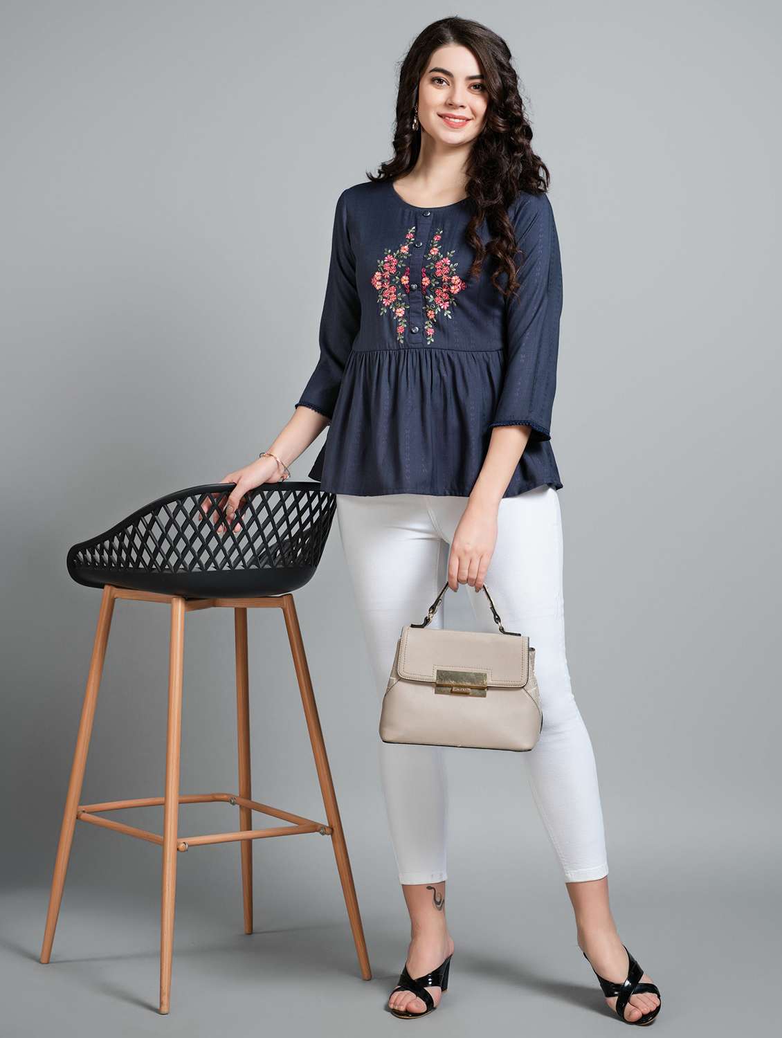 women navy blue round neck peplum top - 20929938 -  Standard Image - 3