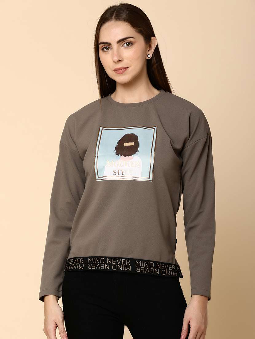 women front print round neck sweatshirt