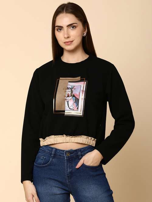 women graphic printed round neck cropped sweatshirt - 20930036 - Standard Image - 0