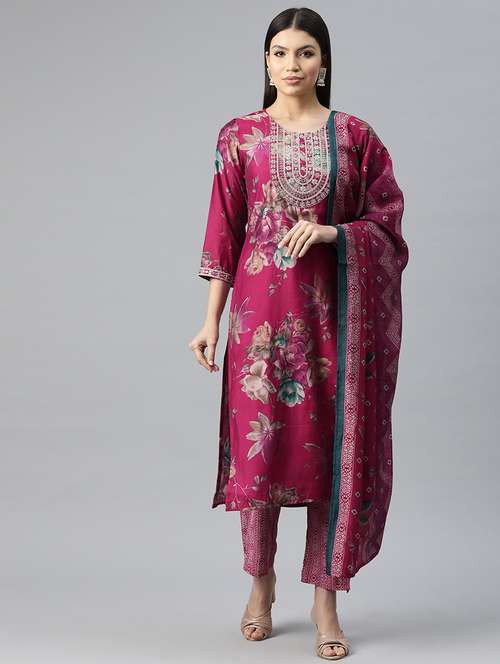 women three quarter sleeve kurta pant with dupatta set - 20930570 - Standard Image - 0
