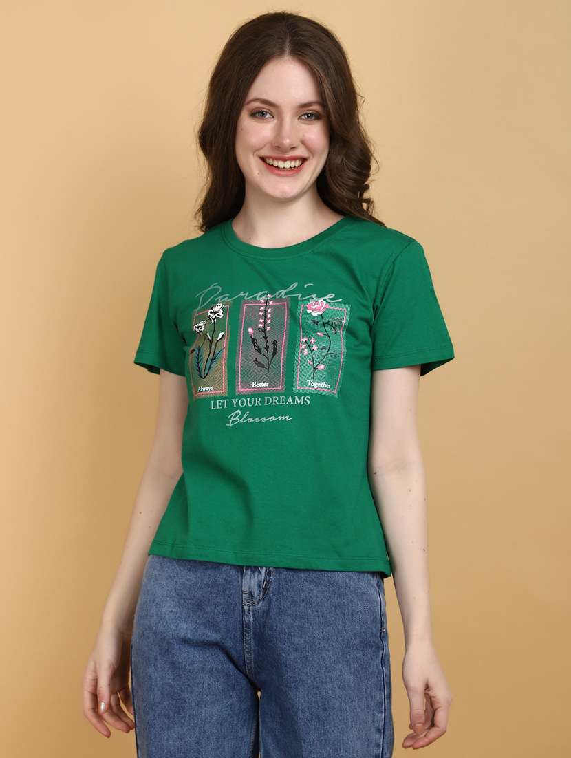 green cotton chest print t-shirt