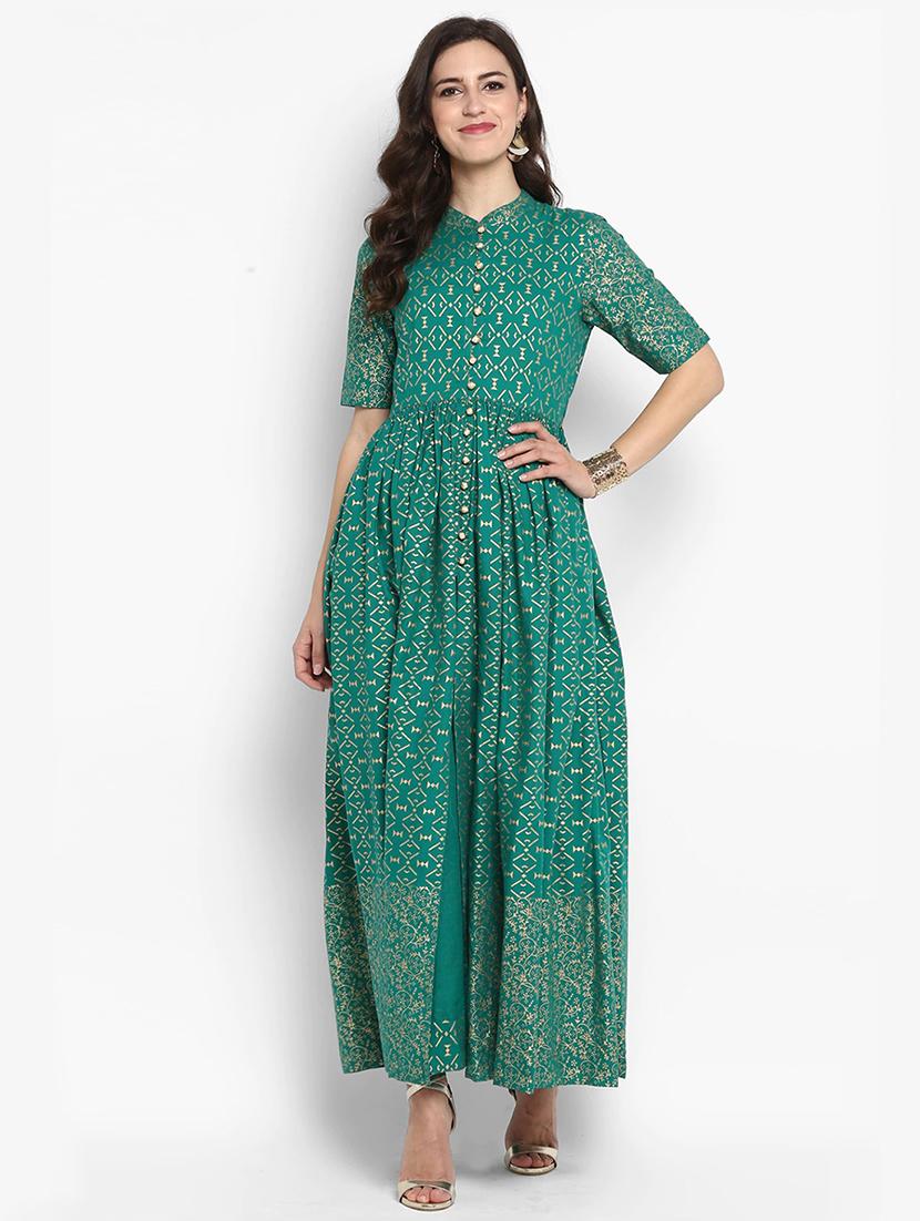women foil print short sleeve flared kurta