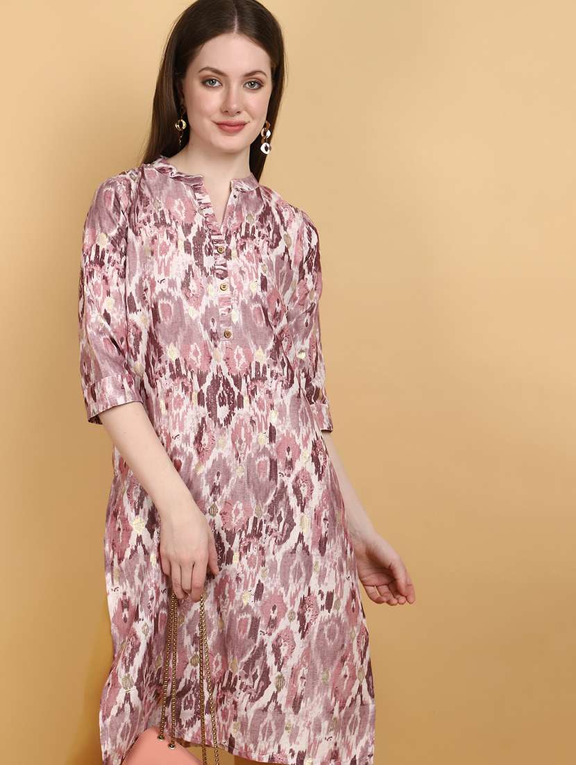 women mauve mandarin neck straight kurta - 20934199 -  Standard Image - 3