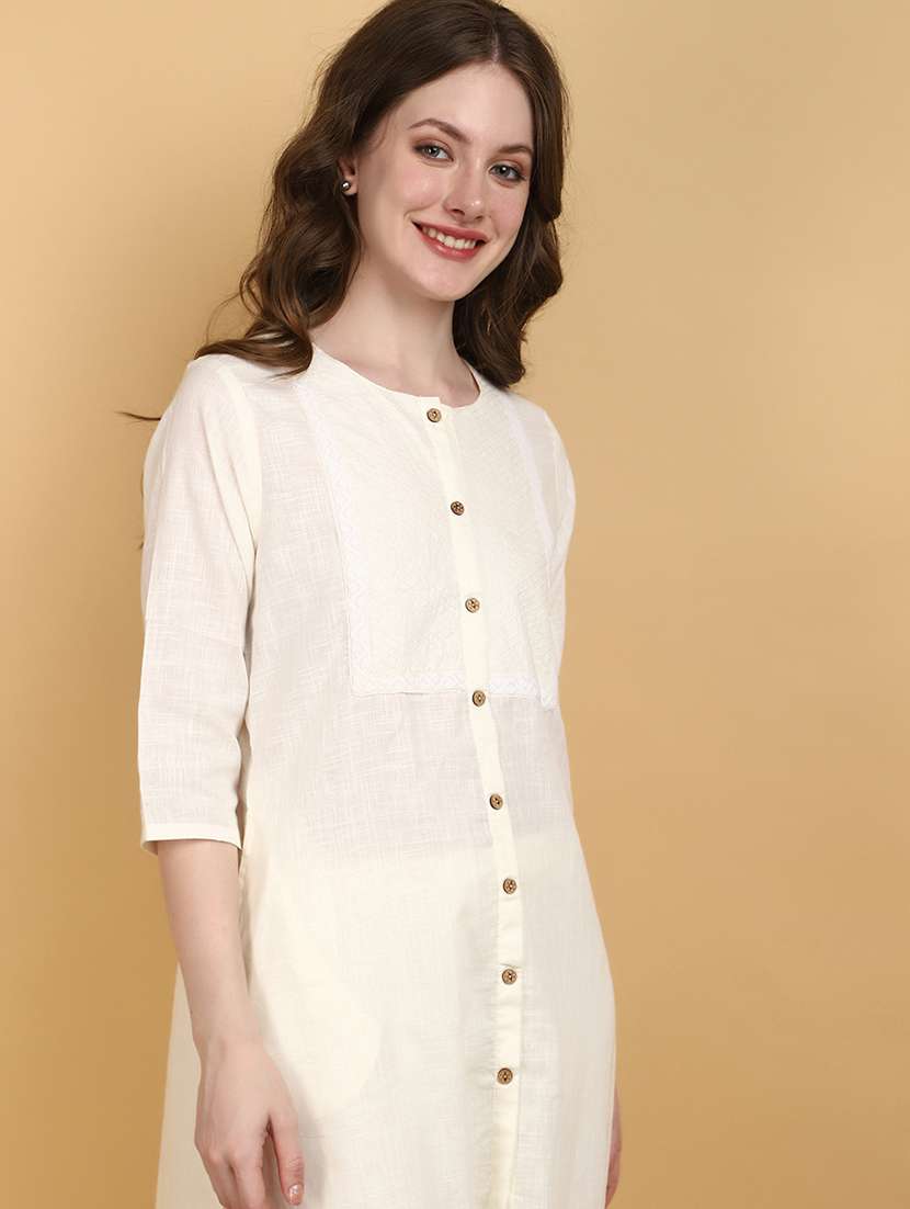 women off-white round neck straight kurta - 20934201 -  Standard Image - 3