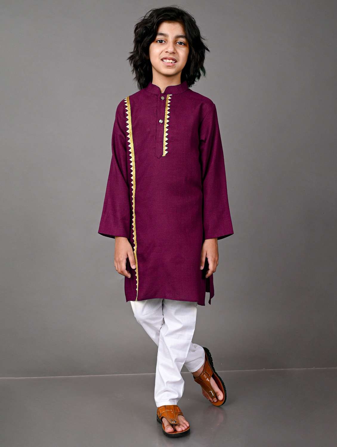 boys lace work cotton kurta pyjama set