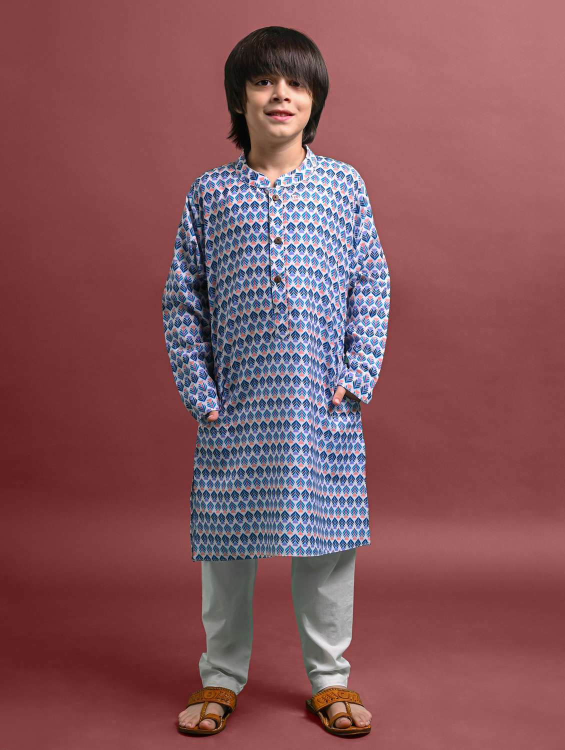 boys printed long sleeve kurta bottom set