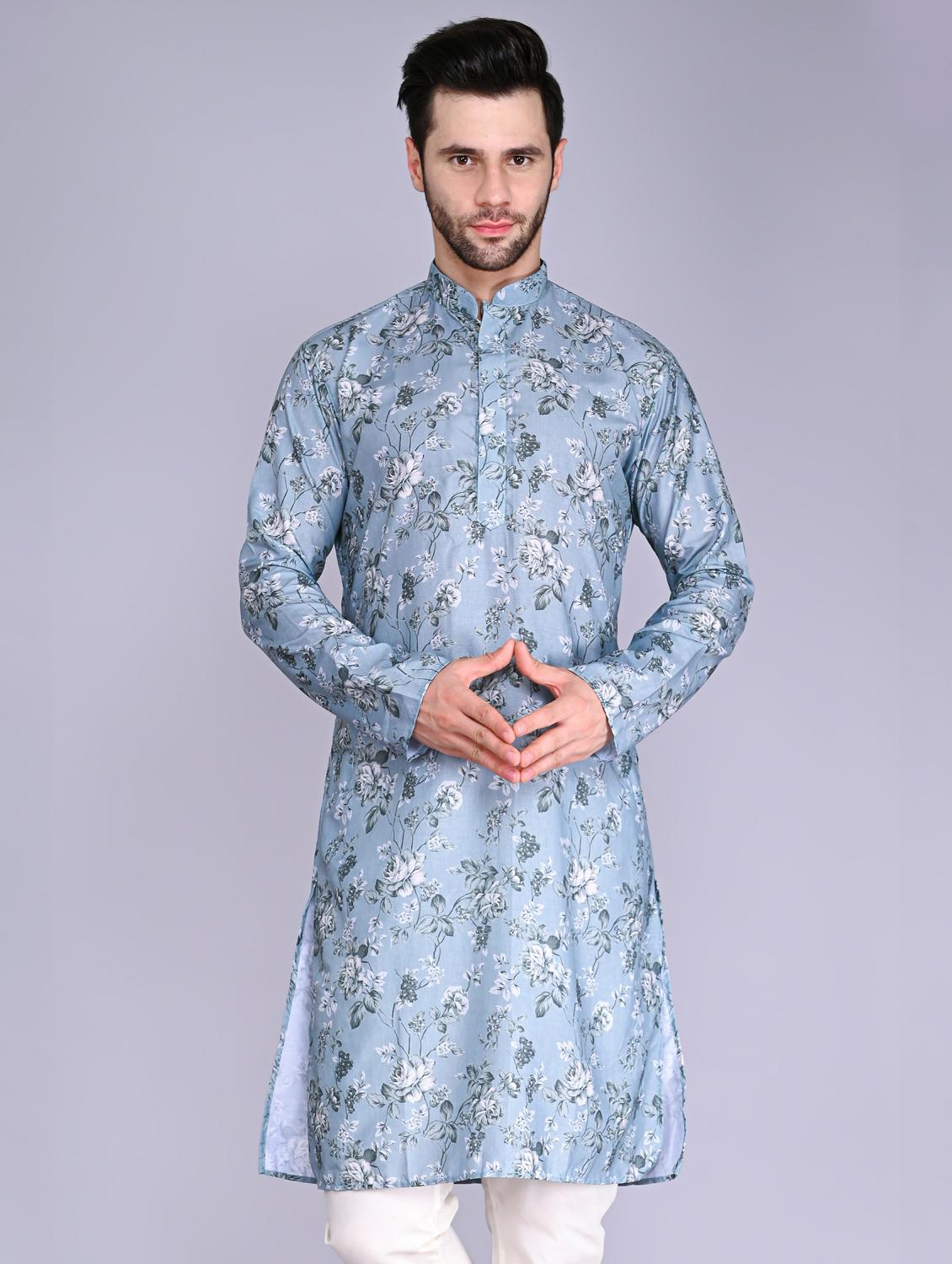 men floral print mandarin neck kurta - 20943629 - Standard Image - 3