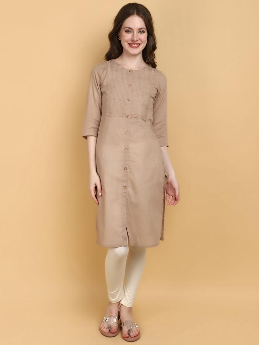 women brown round neck straight kurta