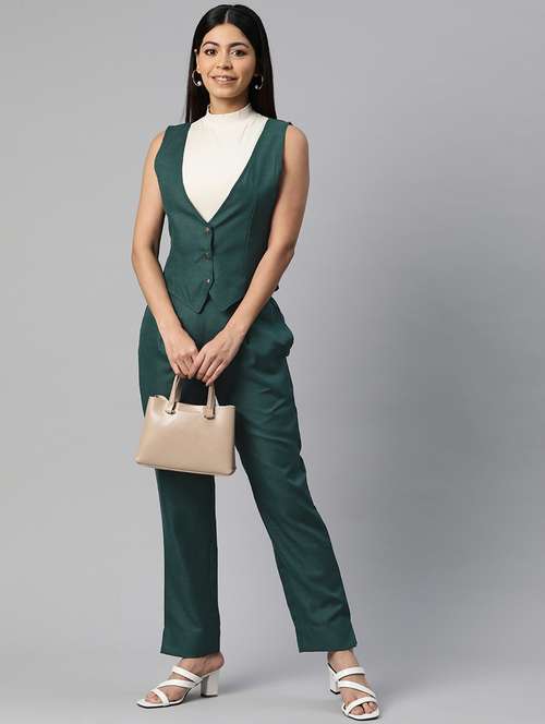 women green cotton blend top pants set formal suit - 20945225 - Standard Image - 0