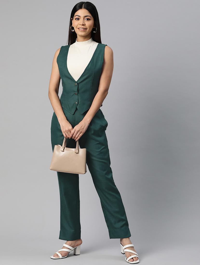 women green cotton blend top pants set formal suit