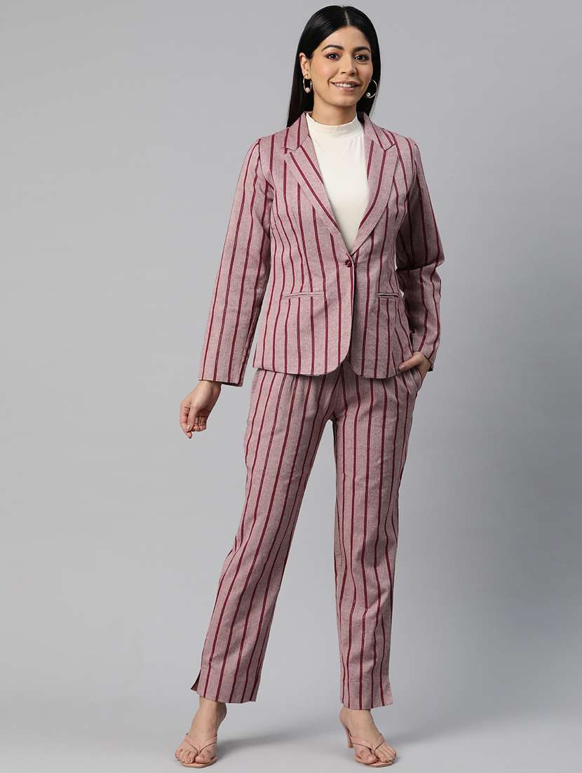 women lapel neck stripes formal suit set - 20945229 - Standard Image - 3