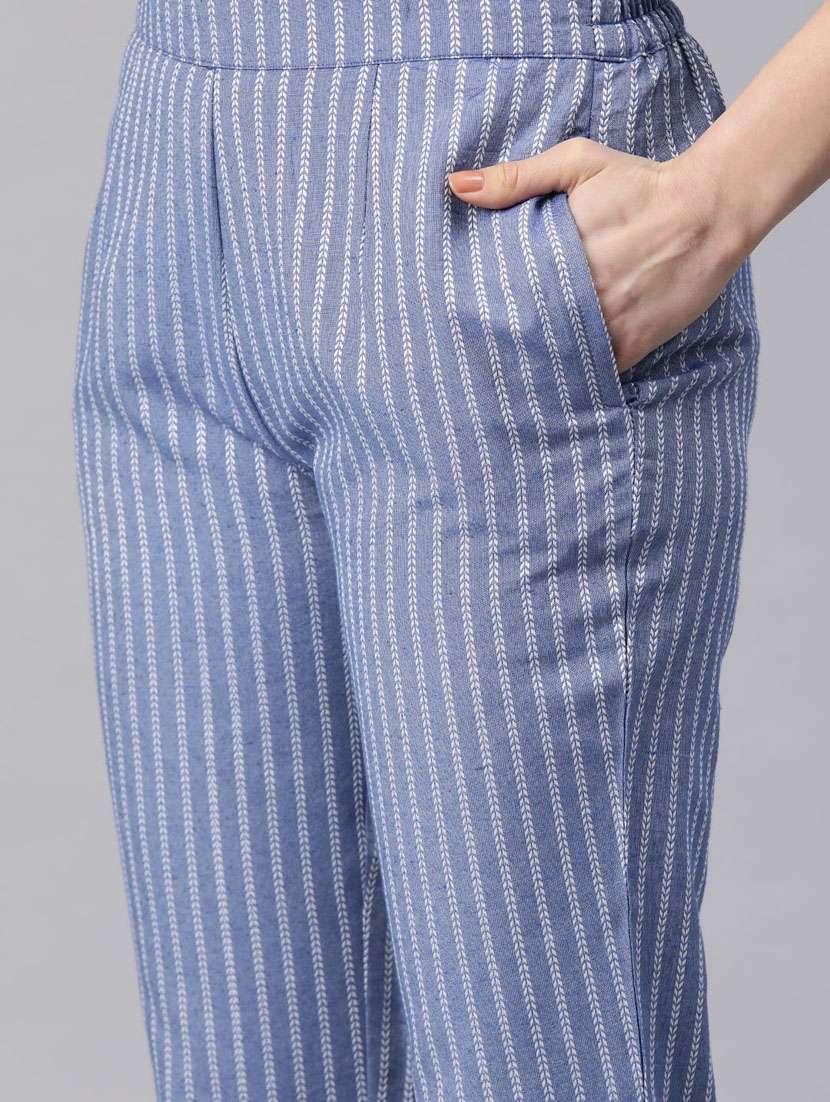 women blue stripes three quarter sleeve formal suit set - 20945236 - Standard Image - 5