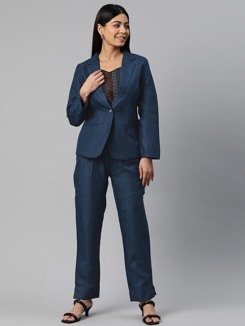 women navy blue solid formal suit set - 20945256 - Standard Image - 3