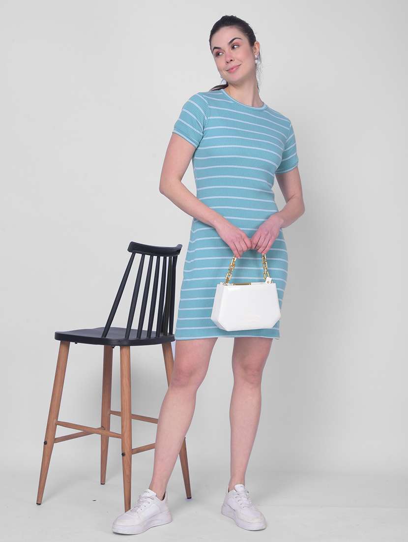 women round neck stripes mini bodycon dress - 20946290 -  Standard Image - 3