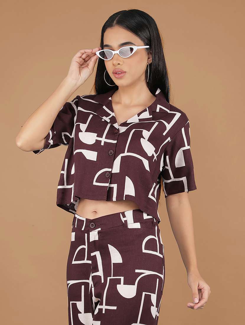crimsoune club women's brown printed linen co-ord sets - 20946311 - Standard Image - 5