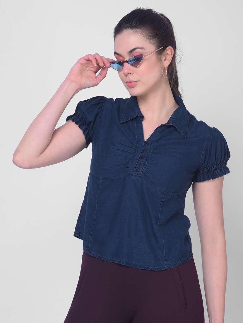 women blue solid regular top