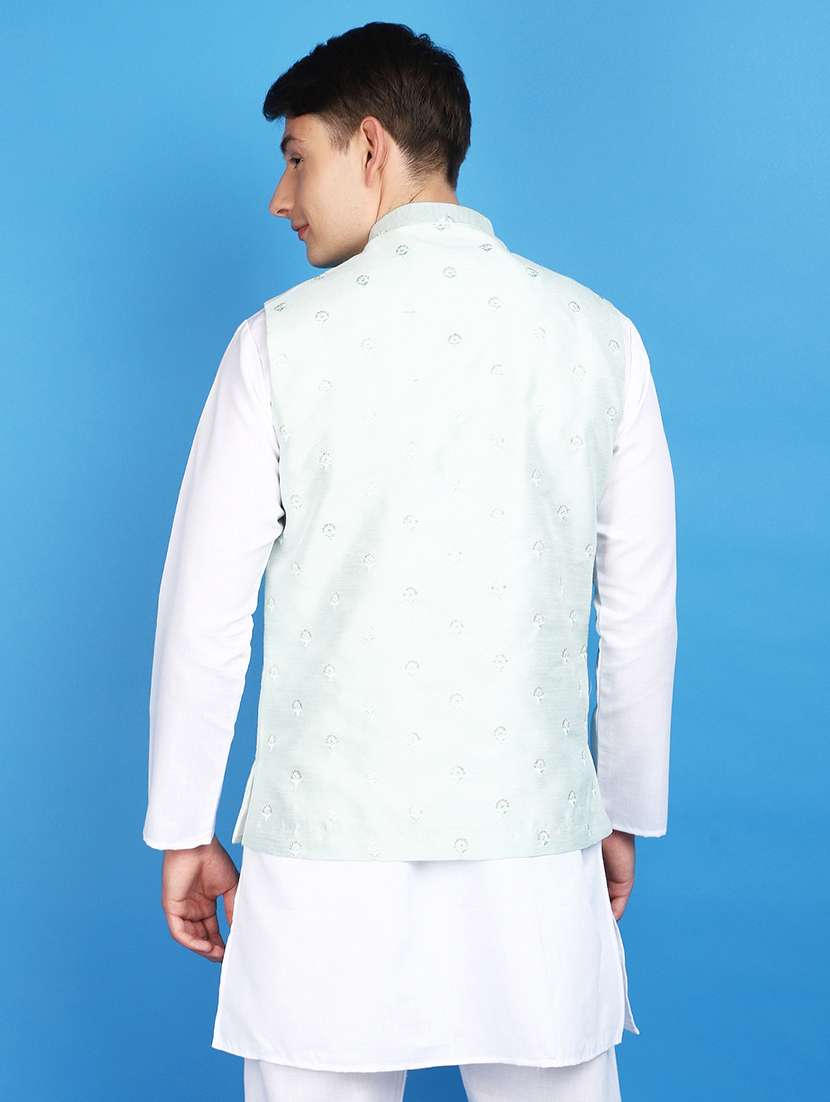 sea green polyester nehru jacket - 20946492 -  Standard Image - 3