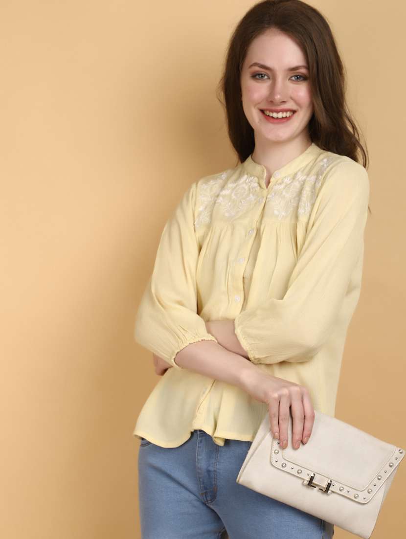 pastel yellow rayon embroidered straight top - 20946533 -  Standard Image - 3