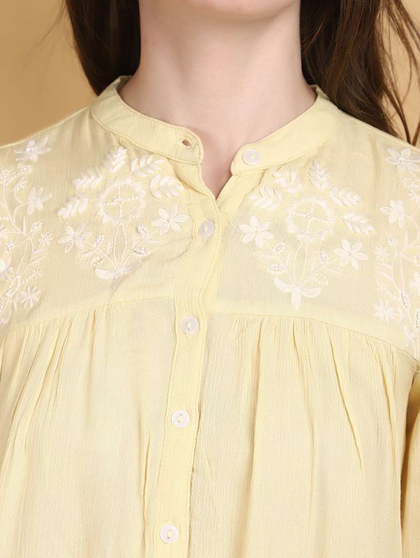 pastel yellow rayon embroidered straight top - 20946533 -  Standard Image - 5