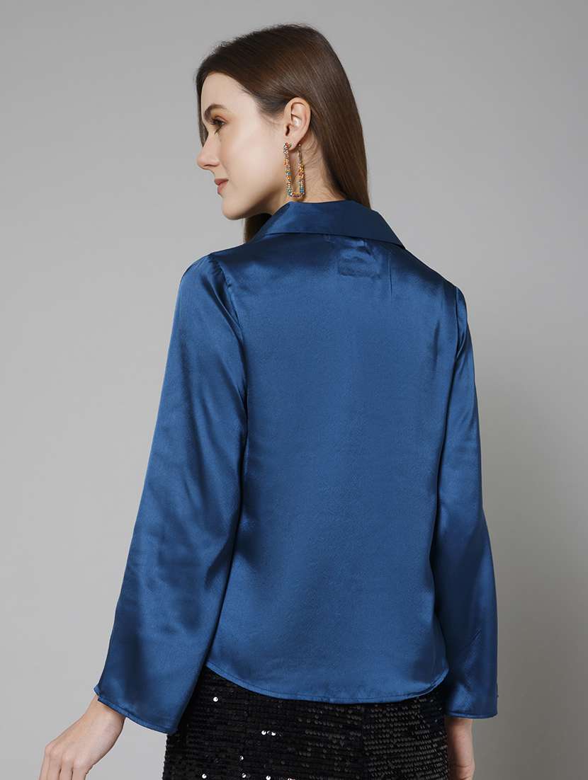 teal satin plain shirt - 20947207 - Standard Image - 3