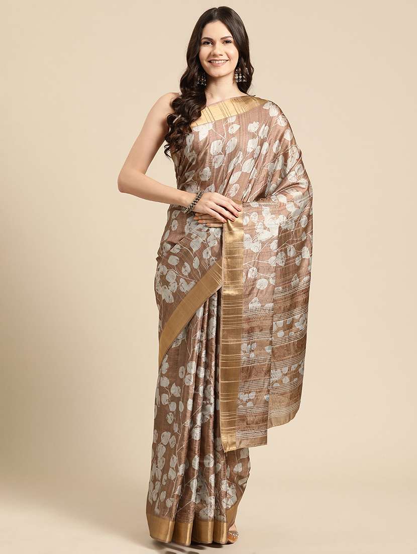 brown silk printed saree with blouse
