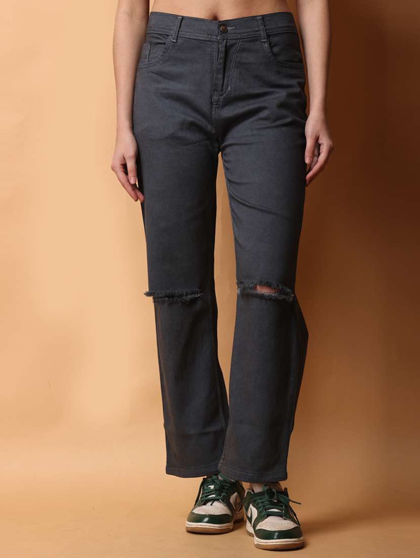 women plain slash knee jeans
