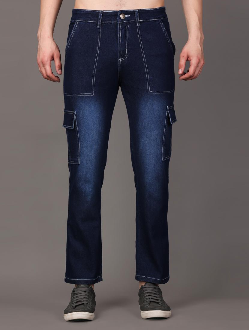 blue cotton blend cargo jeans
