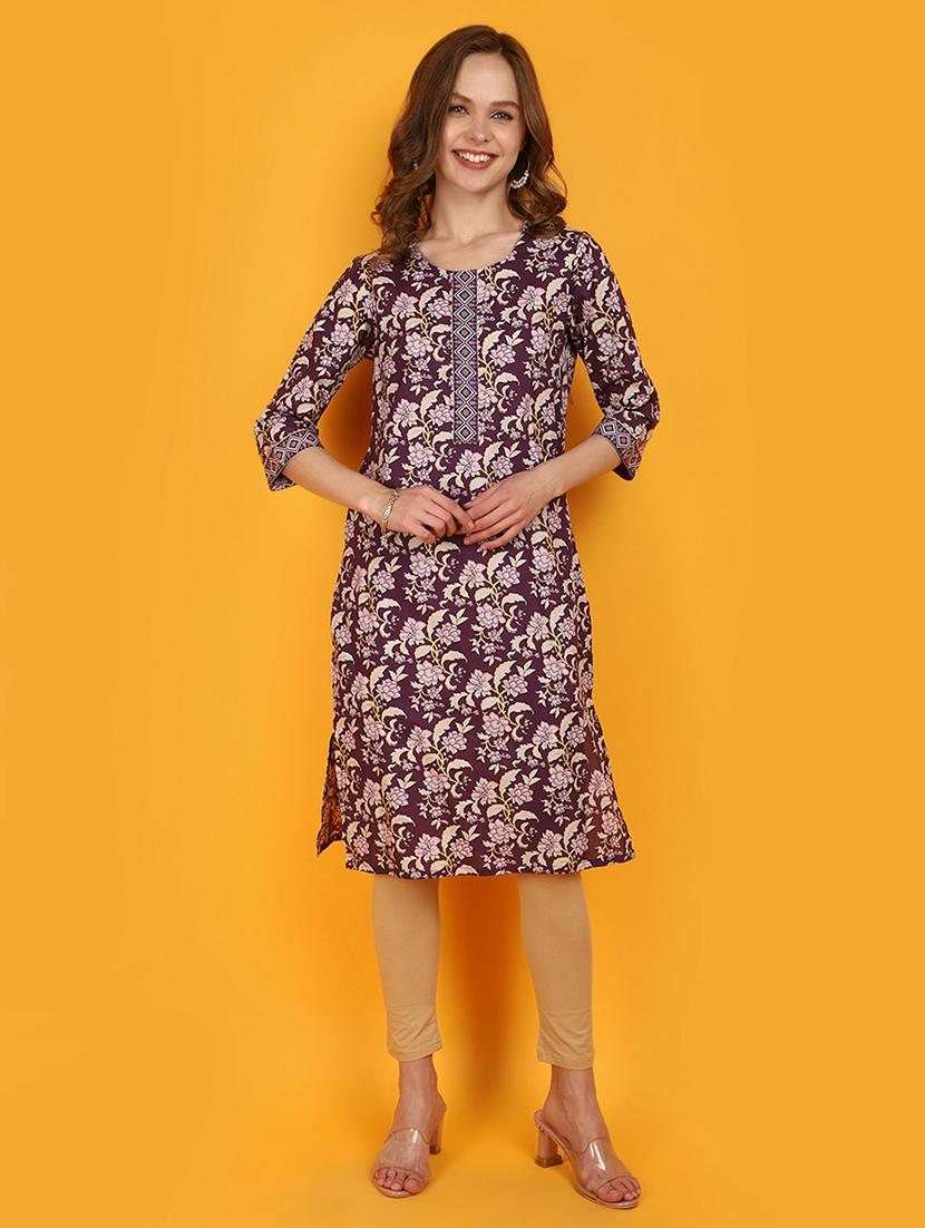 women purple round neck straight kurta - 20951115 - Zoom Image - 0