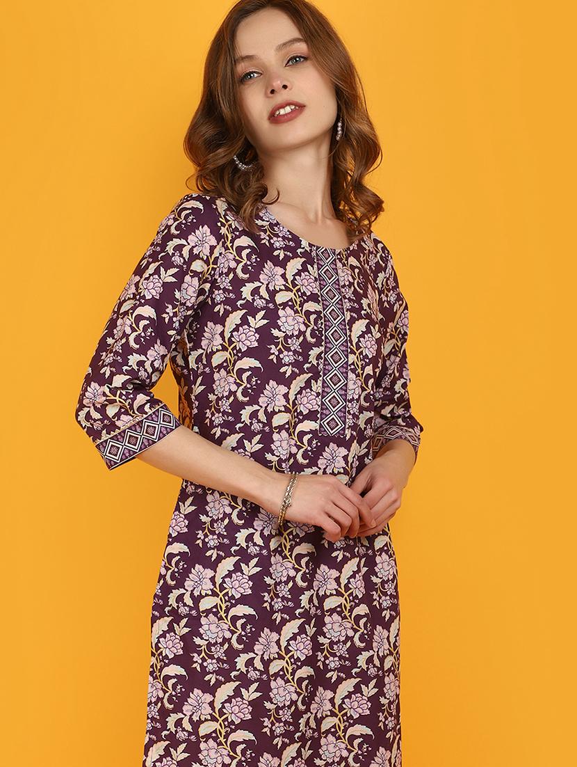 women purple round neck straight kurta - 20951115 - Standard Image - 3