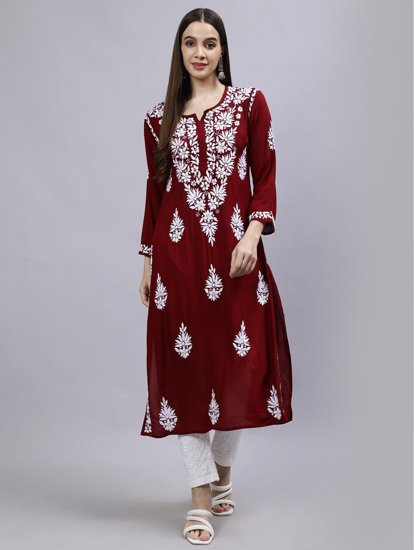 notch neck chikankari work straight kurta