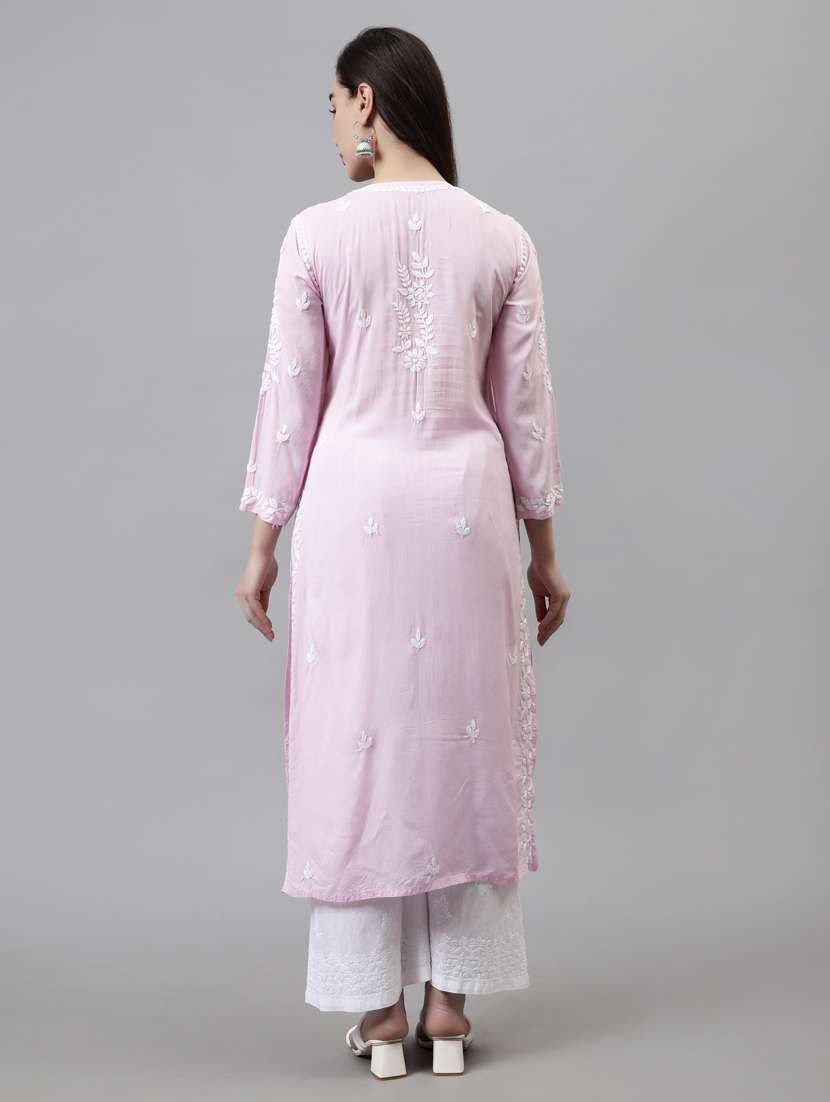 notch neck chikankari work straight kurta - 20957608 -  Standard Image - 3