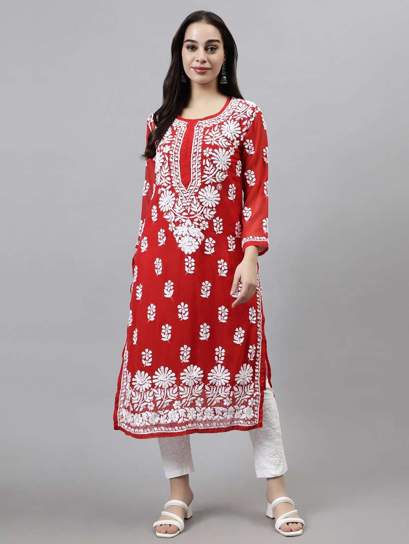 round neck chikankari work straight kurta - 20957627 -  Zoom Image - 0